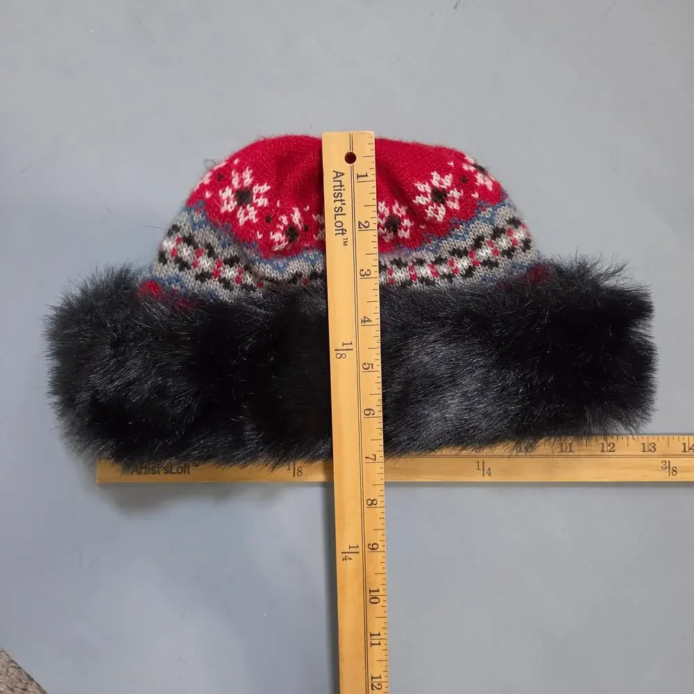 Fair Isle Knit Hat with Black Faux Fur Trim Womens One Size Winter Nordic